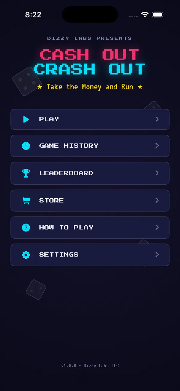 Cash Out Crash Out title screen with Play, Game History, Leaderboard, Store, How to Play and Settings menu