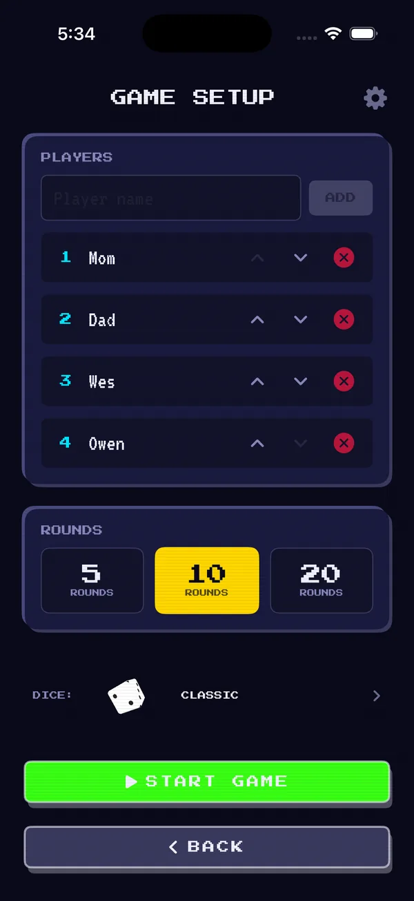 Game setup screen with four players, round options of 5, 10 or 20, and dice choice