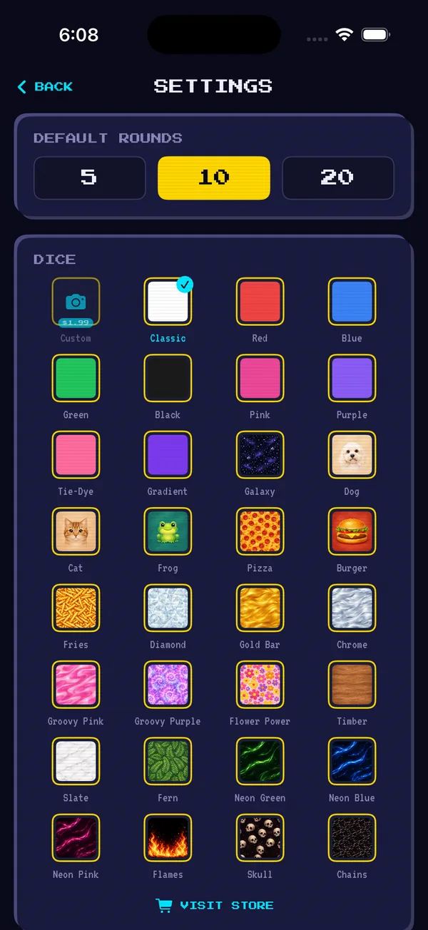 Settings screen showing default rounds and a grid of dice skins