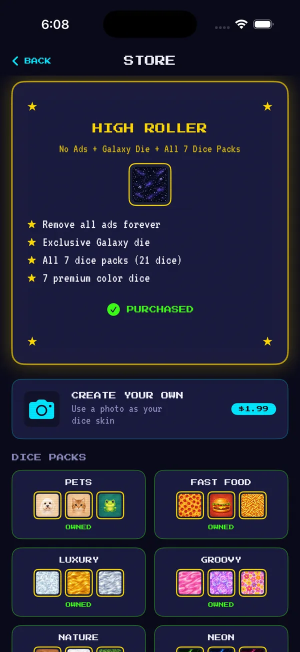 Store screen showing the High Roller upgrade, custom photo die and dice packs