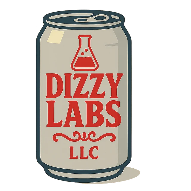 Dizzy Labs logo: a vintage soda can labeled Dizzy Labs LLC with a red lab flask